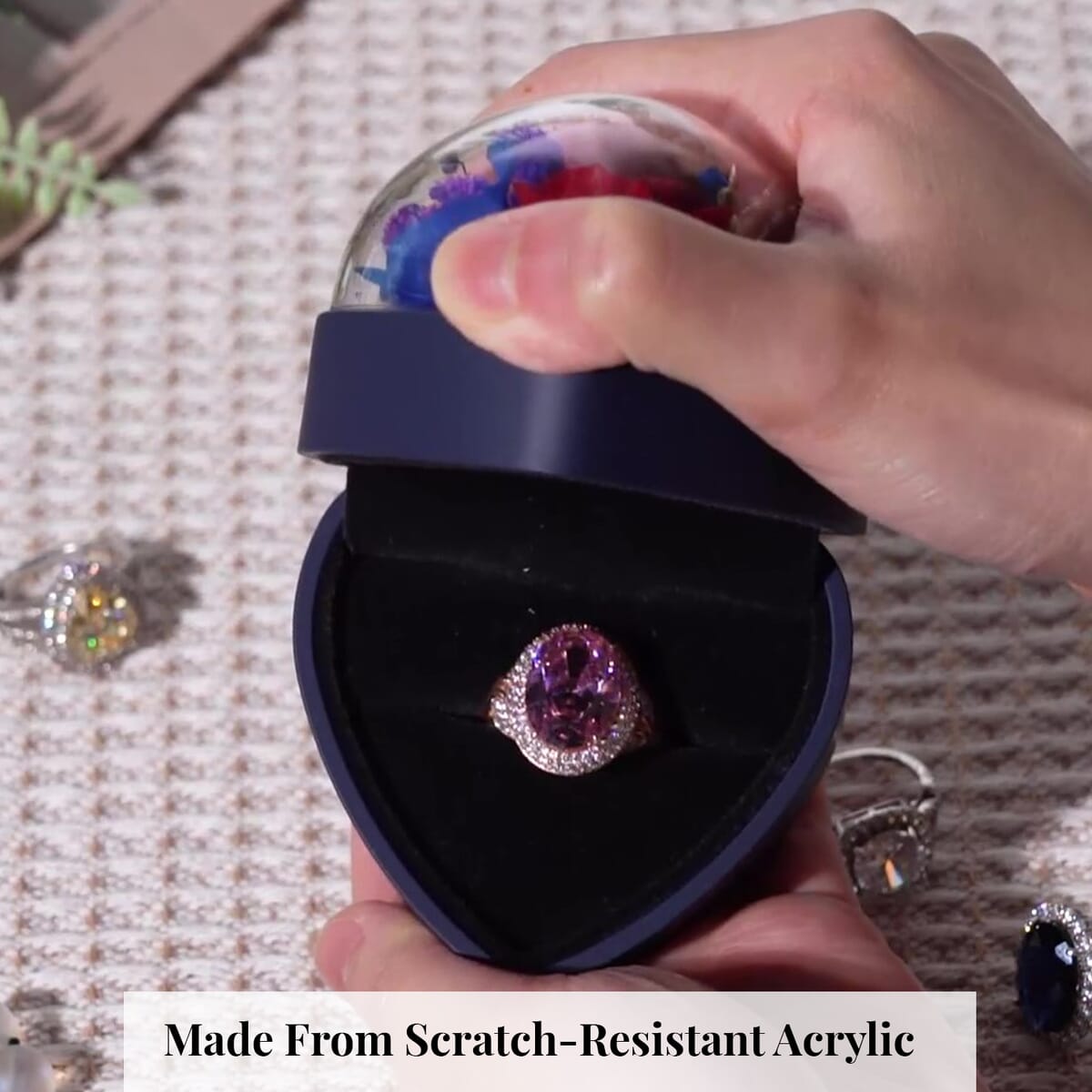 Blue Acrylic Heart Shape Ring Box with 3D Flower on Top image number 4