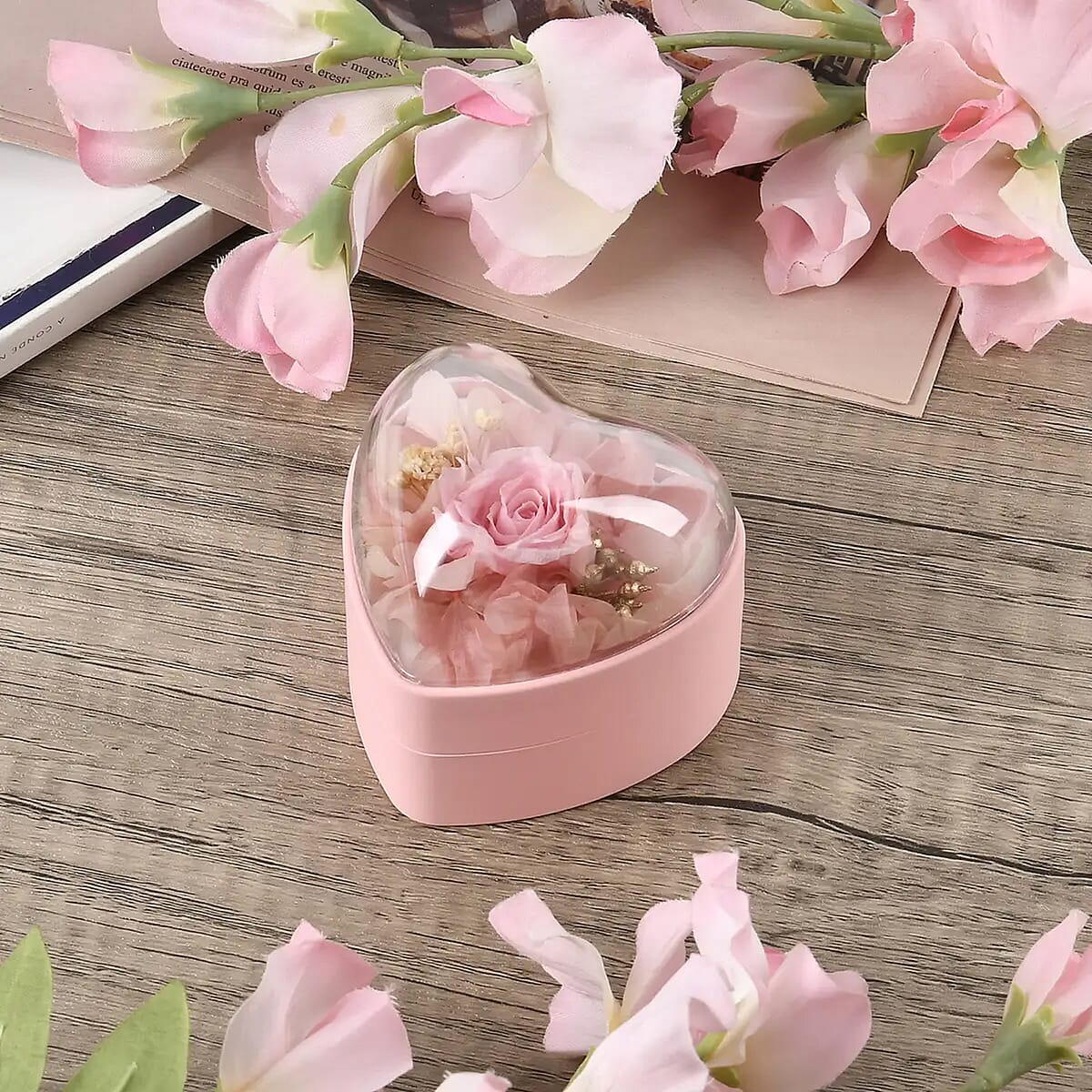 Pink Acrylic Heart Shape Ring Box with 3D Flower on Top image number 1