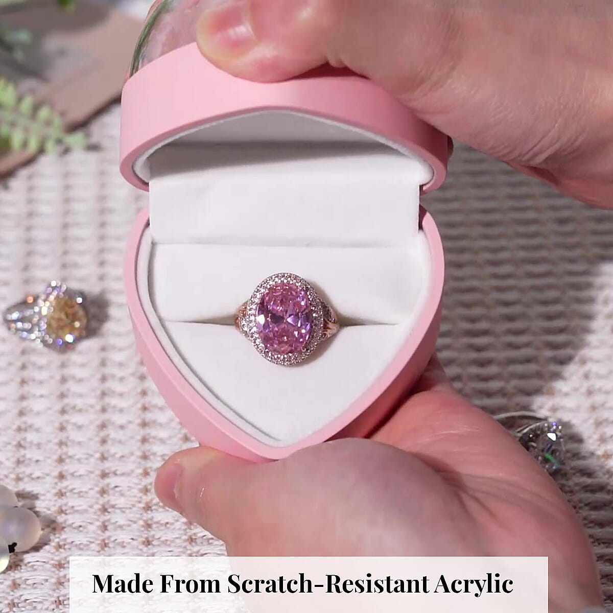 Pink Acrylic Heart Shape Ring Box with 3D Flower on Top image number 4