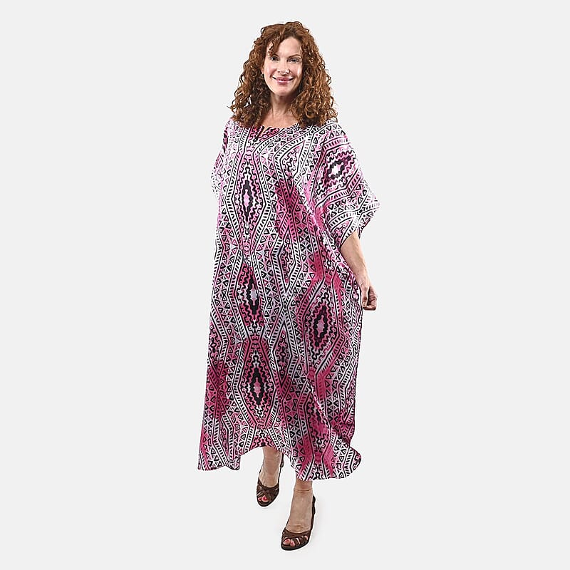 Winlar Pink Tribal Satin Maxi Kaftan - One Size Fits Most