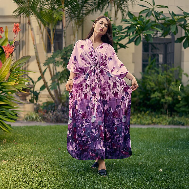 Winlar Purple Floral Satin Maxi Kaftan with Drawstring Waist - One Size Fits Most