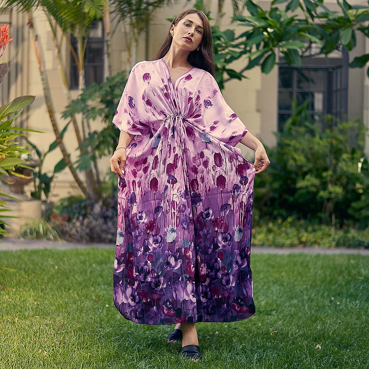 Winlar Purple Floral Satin Maxi Kaftan with Drawstring Waist - One Size Fits Most image number 1