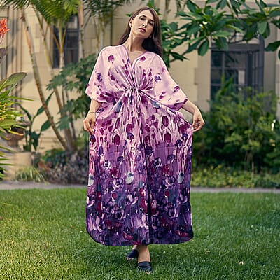 Winlar Purple Floral Satin Maxi Kaftan with Drawstring Waist - One Size Fits Most