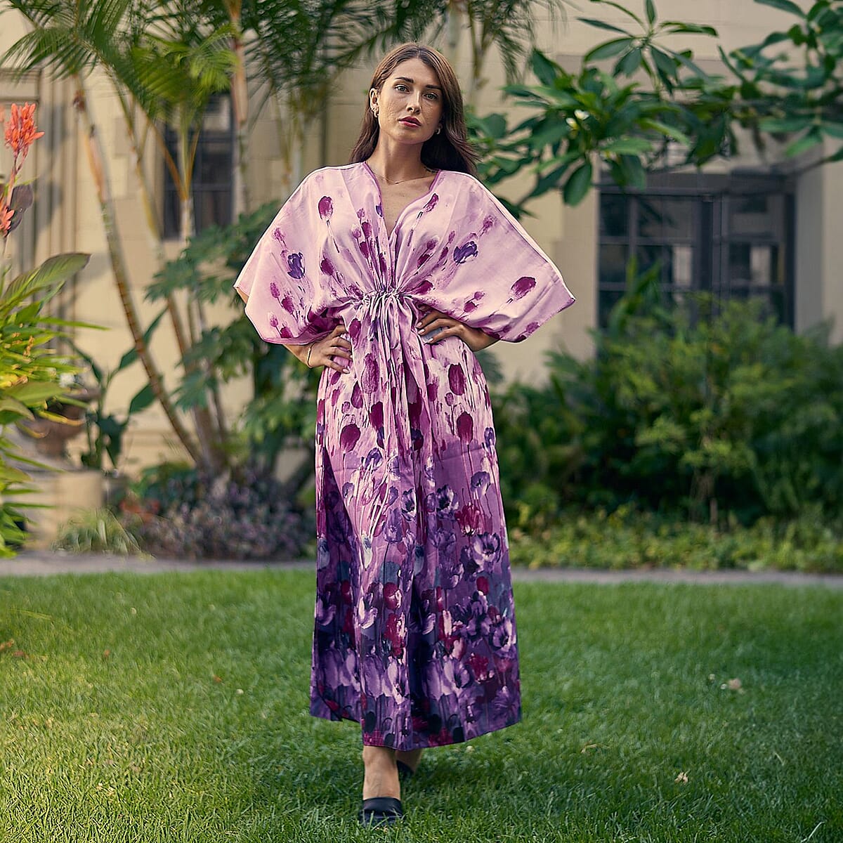 Winlar Purple Floral Satin Maxi Kaftan with Drawstring Waist - One Size Fits Most image number 2