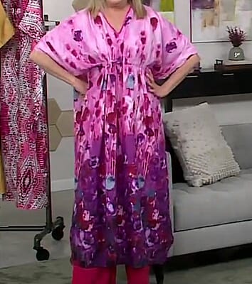 Winlar Purple Floral Satin Maxi Kaftan with Drawstring Waist - One Size Fits Most