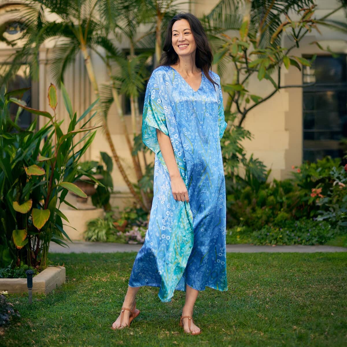 Winlar Blue Ocean Satin Maxi Kaftan - One Size Fits Most image number 2