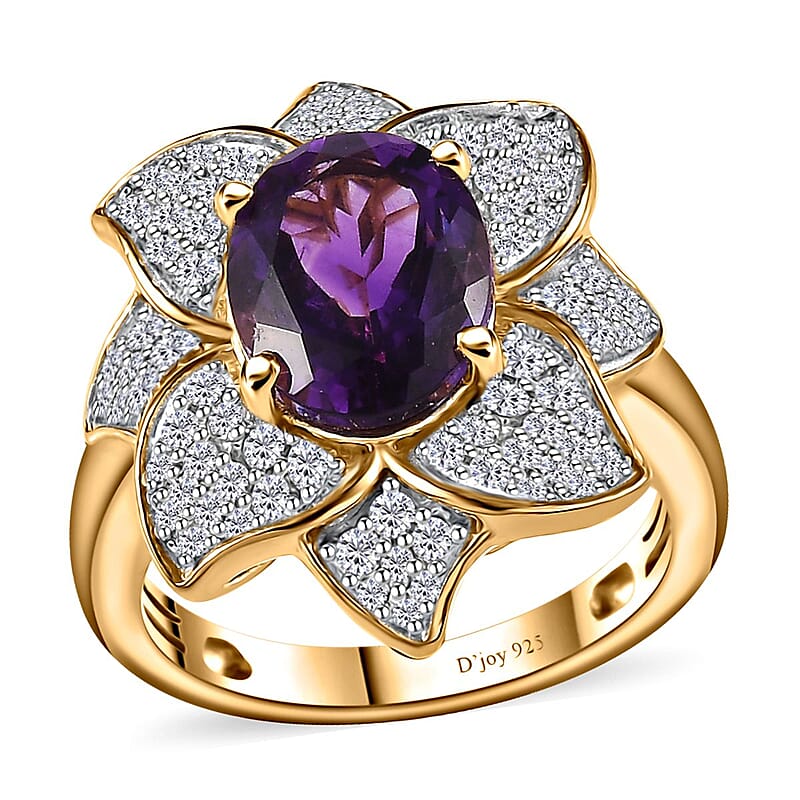 Moroccan Amethyst and White Zircon Lotus Floral Ring in Vermeil Yellow Gold Over Sterling Silver (Size 10.0) 3.30 ctw