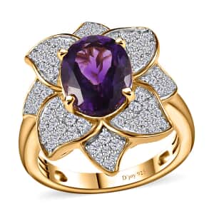 Moroccan Amethyst and White Zircon Floral Ring in Vermeil Yellow Gold Over Sterling Silver (Size 10.0) 3.30 ctw