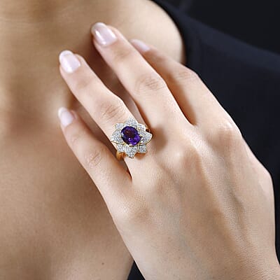 Moroccan Amethyst and White Zircon Lotus Floral Ring in Vermeil Yellow Gold Over Sterling Silver (Size 10.0) 3.30 ctw