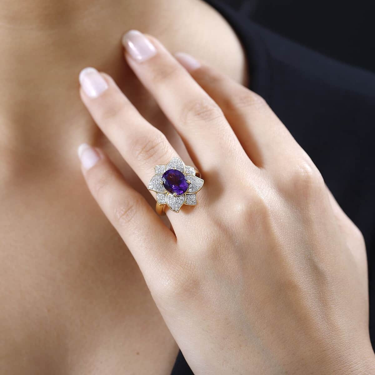 Moroccan Amethyst and White Zircon Floral Ring in Vermeil Yellow Gold Over Sterling Silver (Size 10.0) 3.30 ctw image number 2