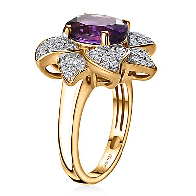 Moroccan Amethyst and White Zircon Lotus Floral Ring in Vermeil Yellow Gold Over Sterling Silver (Size 10.0) 3.30 ctw