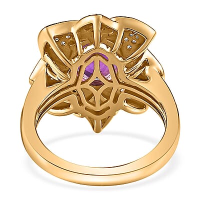 Moroccan Amethyst and White Zircon Lotus Floral Ring in Vermeil Yellow Gold Over Sterling Silver (Size 10.0) 3.30 ctw