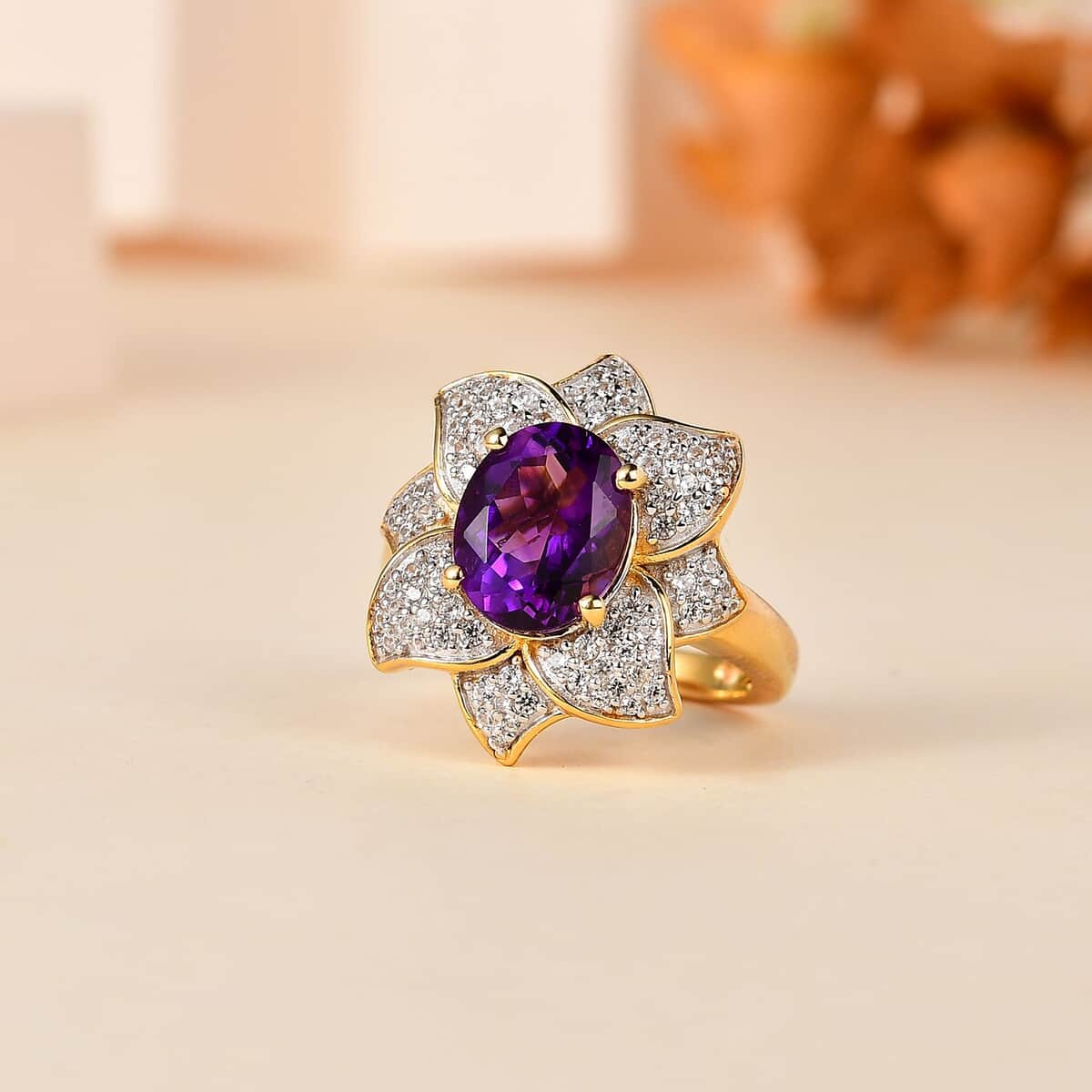 Moroccan Amethyst and White Zircon Lotus Floral Ring in Vermeil Yellow Gold Over Sterling Silver (Size 7.0) 3.30 ctw image number 1