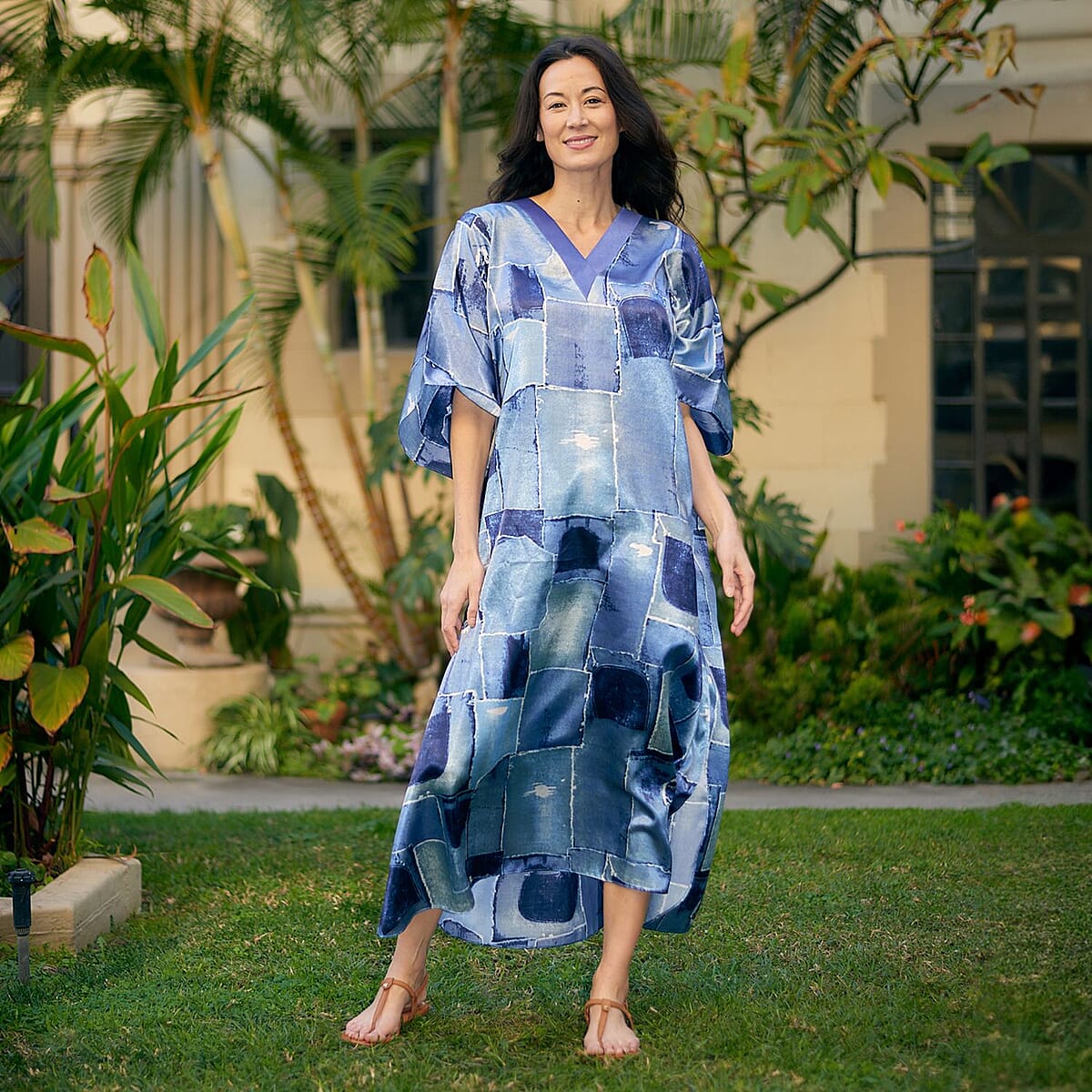 Winlar Blue Square Satin Maxi Kaftan - One Size Fits Most image number 1