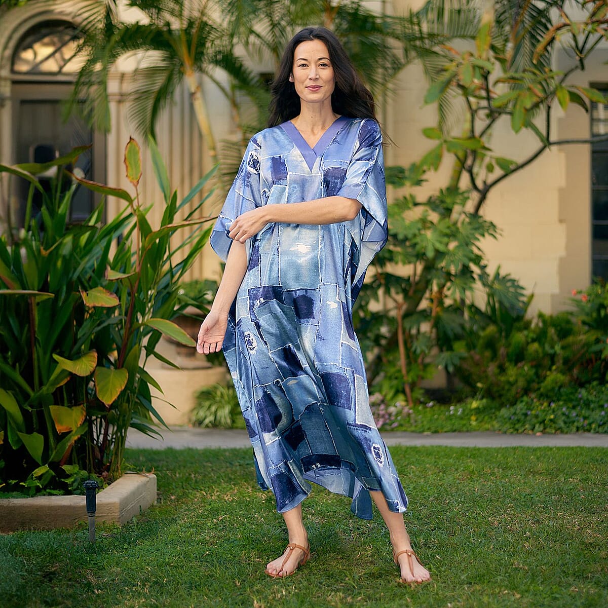 Winlar Blue Square Satin Maxi Kaftan - One Size Fits Most image number 2