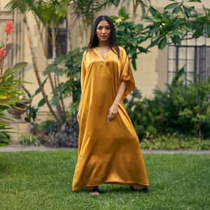 Winlar Gold Satin Maxi Kaftan with Waist Tie - One Size Fits Most (Ships in 7 Business Days)