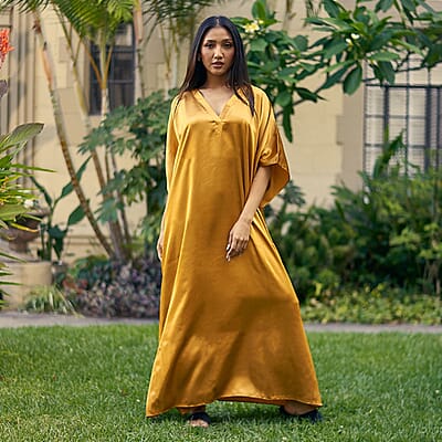 Winlar Gold Satin Maxi Kaftan with Waist Tie - One Size Fits Most