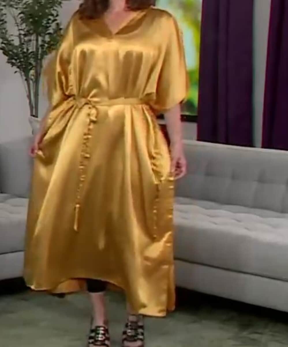 Winlar Gold Satin Maxi Kaftan with Waist Tie - One Size Fits Most (Ships in 7 Business Days) image number 2