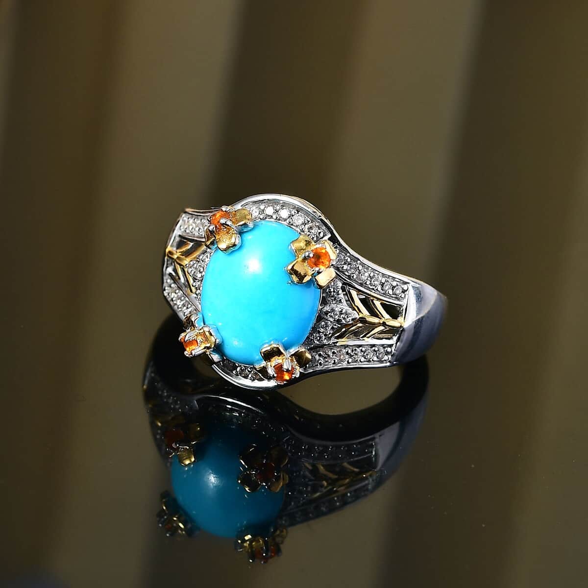 Sleeping Beauty Turquoise and Multi Gemstone Leaf and Flower Ring in Vermeil YG and Platinum Over Sterling Silver (Size 10.0) 3.80 ctw image number 1