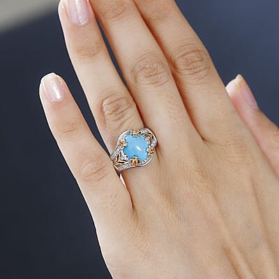 Sleeping Beauty Turquoise and Multi Gemstone Leaf and Flower Ring in Vermeil YG and Platinum Over Sterling Silver (Size 10.0) 3.80 ctw