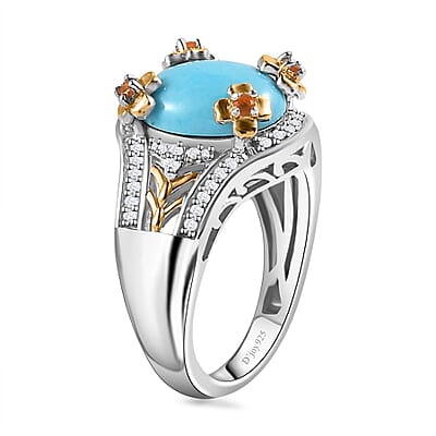 Sleeping Beauty Turquoise and Multi Gemstone Leaf and Flower Ring in Vermeil YG and Platinum Over Sterling Silver (Size 10.0) 3.80 ctw
