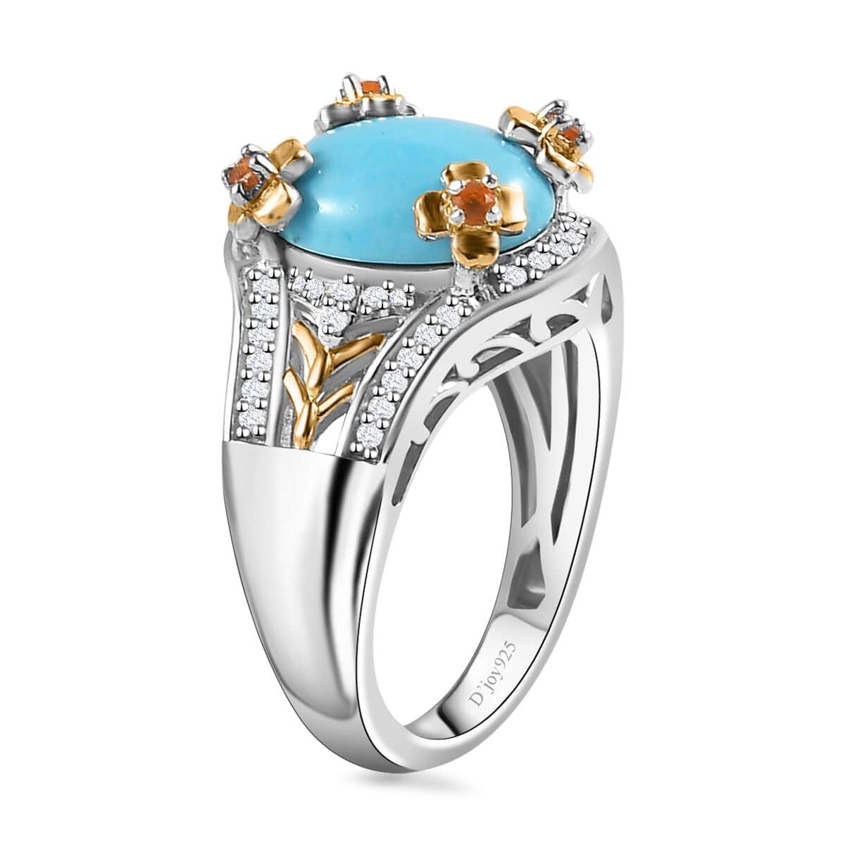 Sleeping Beauty Turquoise and Multi Gemstone Leaf and Flower Ring in Vermeil YG and Platinum Over Sterling Silver (Size 8.0) 3.80 ctw image number 3