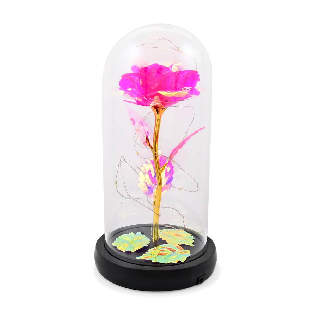 Pink Rose and Leaf in Glass Dome with LED Lights image number 0