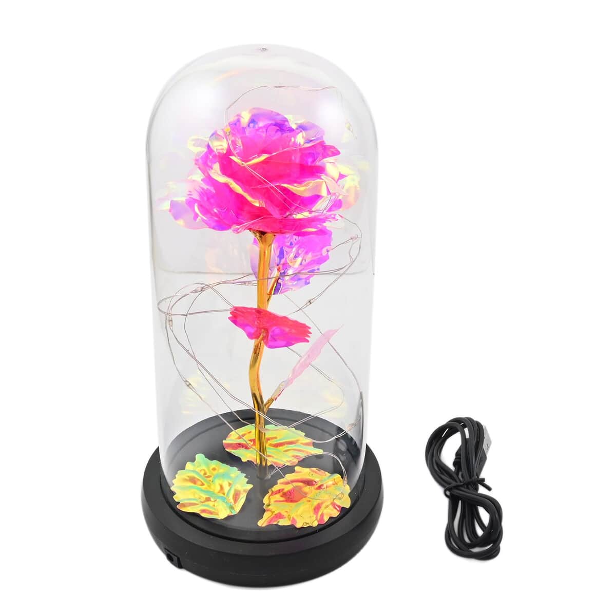 Pink Rose and Leaf in Glass Dome with LED Lights image number 1