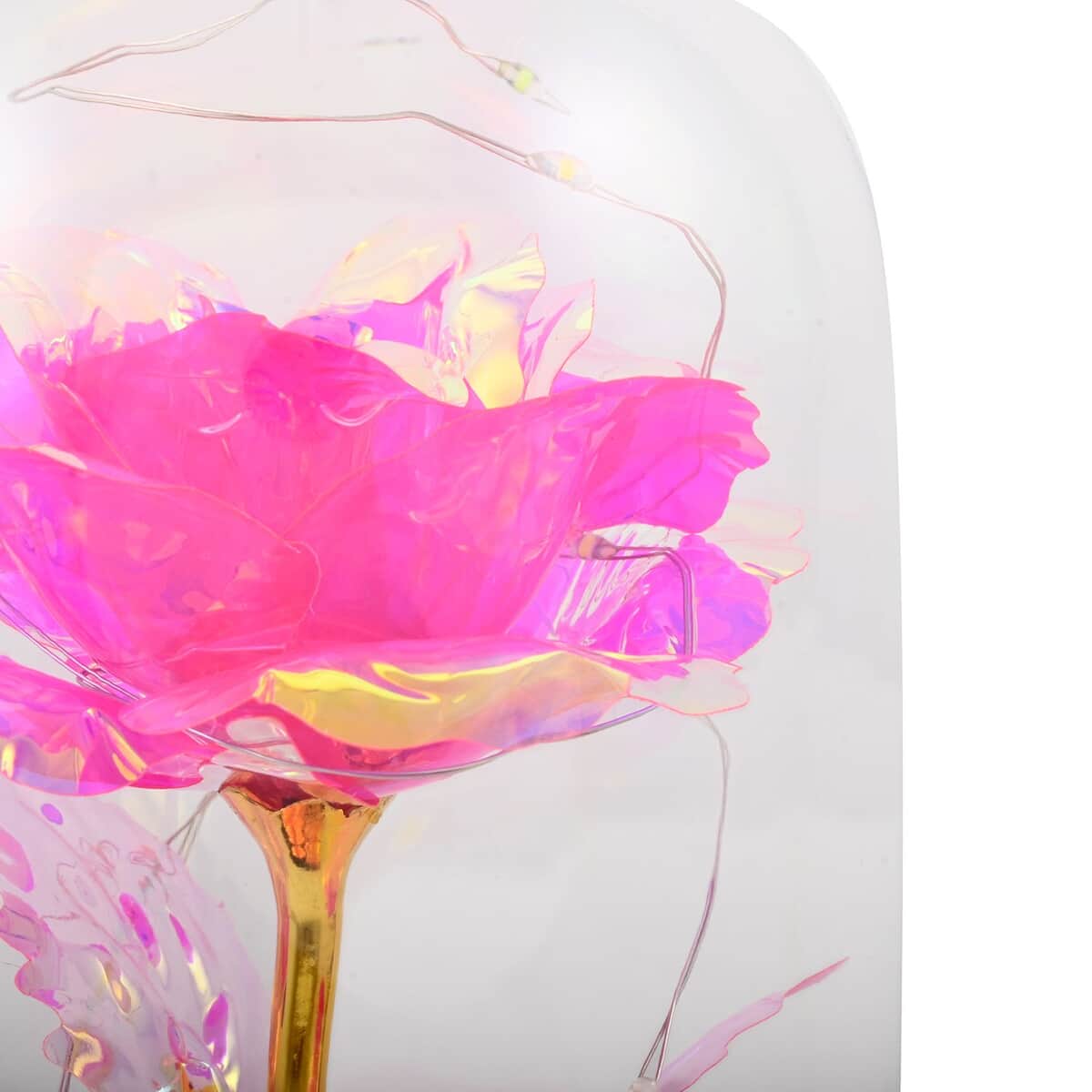 Pink Rose and Leaf in Glass Dome with LED Lights image number 3