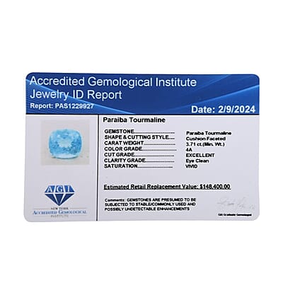 Chairman Vault Collection Certified & Appraised AAAA Paraiba Tourmaline (Cush Free Size) 3.71 ctw