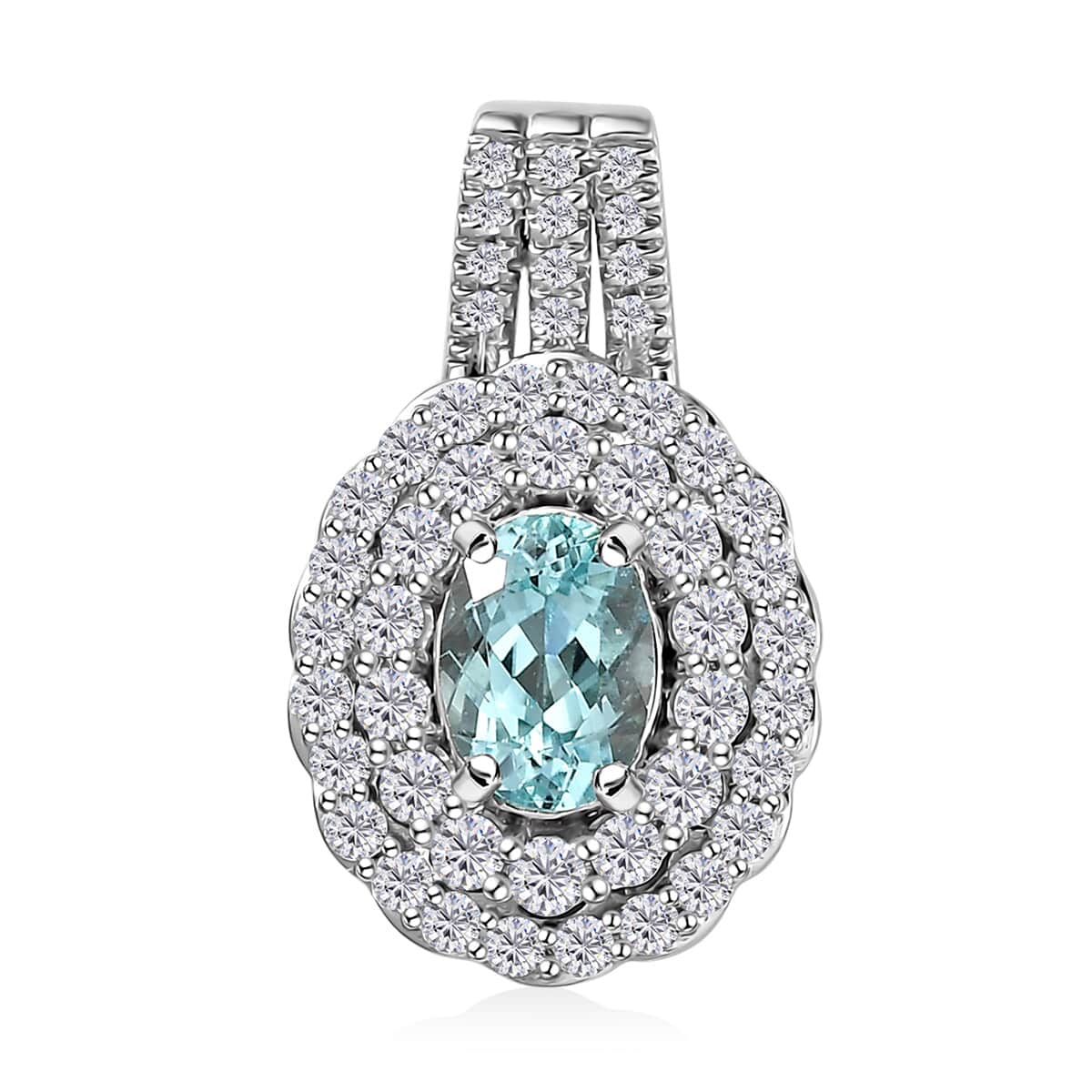 Certified & Appraised Rhapsody 950 Platinum AAAA Paraiba Tourmaline and E-F VS Diamond Double Halo Pendant 5.65 Grams 1.50 ctw image number 0