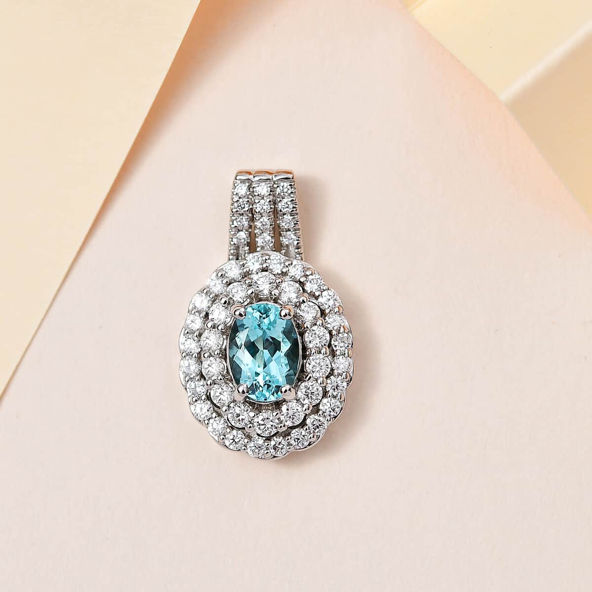 Certified & Appraised Rhapsody 950 Platinum AAAA Paraiba Tourmaline and E-F VS Diamond Double Halo Pendant 5.65 Grams 1.50 ctw image number 1