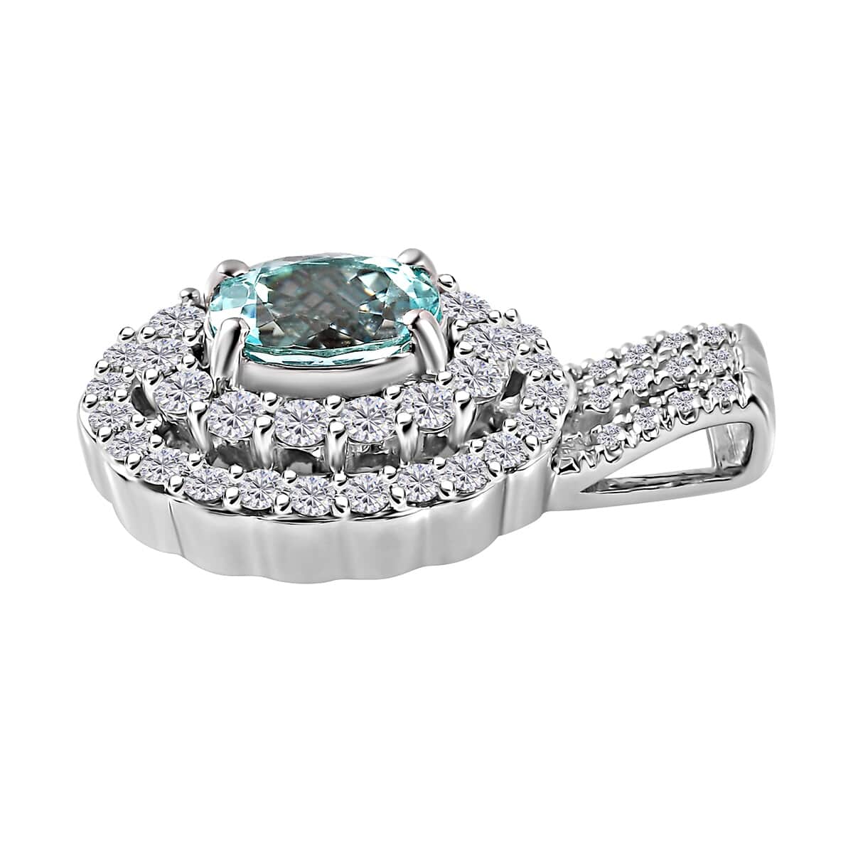 Certified & Appraised Rhapsody 950 Platinum AAAA Paraiba Tourmaline and E-F VS Diamond Double Halo Pendant 5.65 Grams 1.50 ctw image number 3