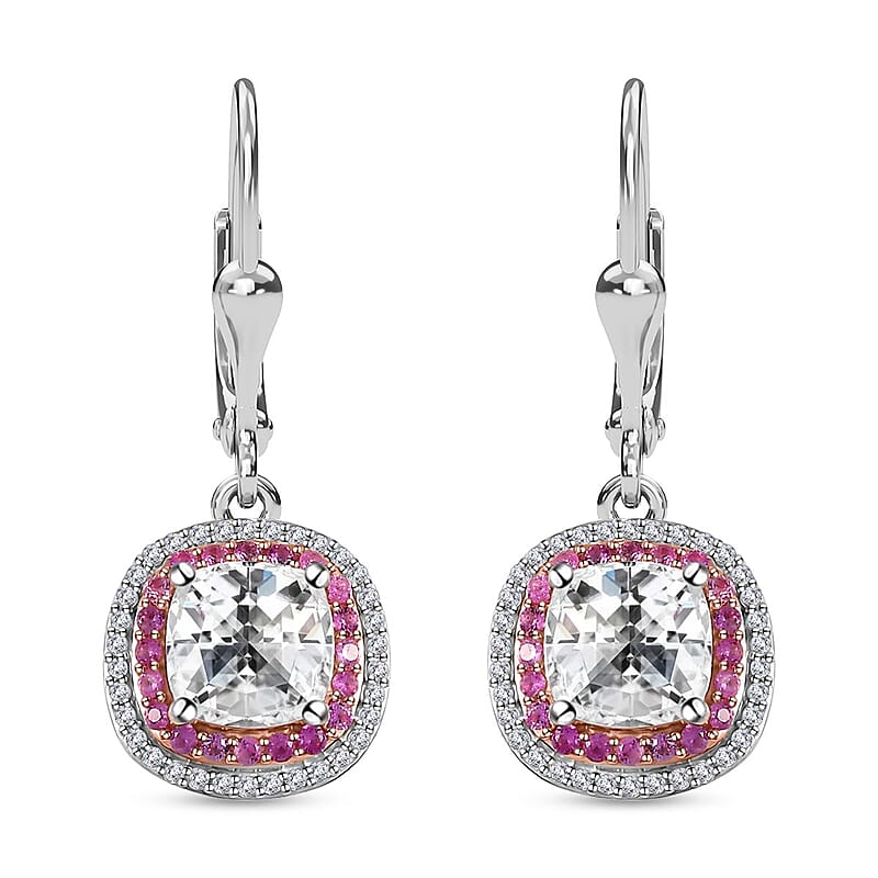 Moissanite and Madagascar Pink Sapphire Lever Back Earrings in Platinum Over Sterling Silver 3.90 ctw
