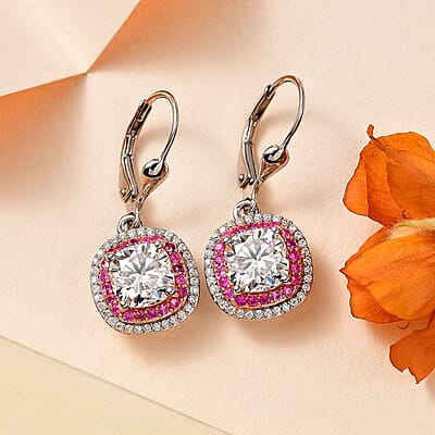 Moissanite and Madagascar Pink Sapphire Lever Back Earrings in Platinum Over Sterling Silver 3.90 ctw