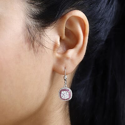 Moissanite and Madagascar Pink Sapphire Lever Back Earrings in Platinum Over Sterling Silver 3.90 ctw