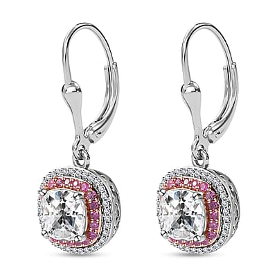Moissanite and Madagascar Pink Sapphire Lever Back Earrings in Platinum Over Sterling Silver 3.90 ctw
