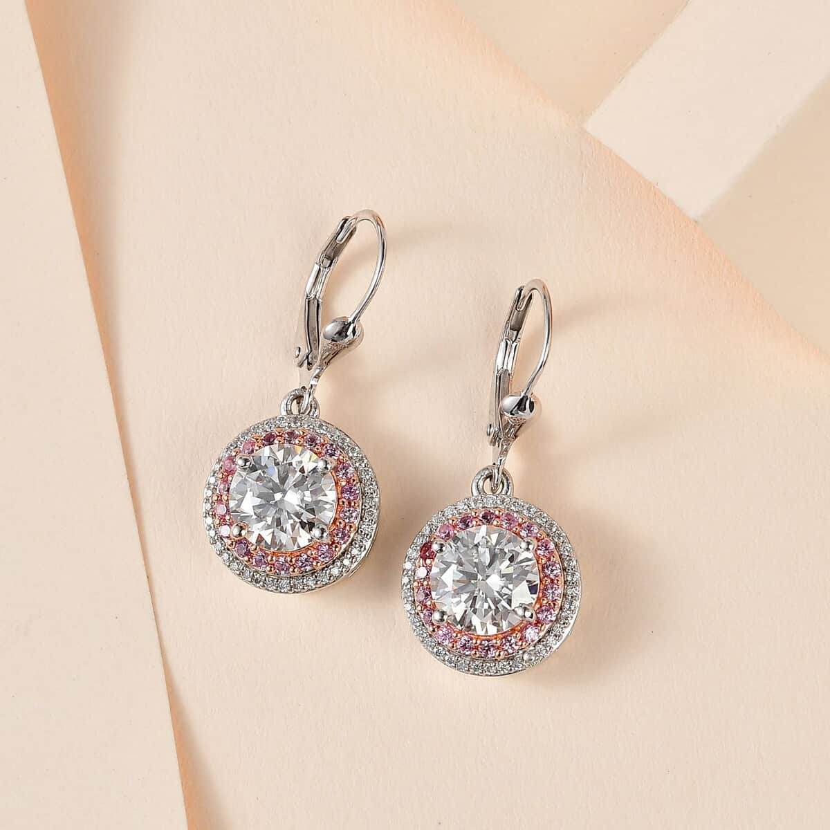 Moissanite and Madagascar Pink Sapphire Lever Back Earrings in Platinum Over Sterling Silver 4.40 ctw image number 1