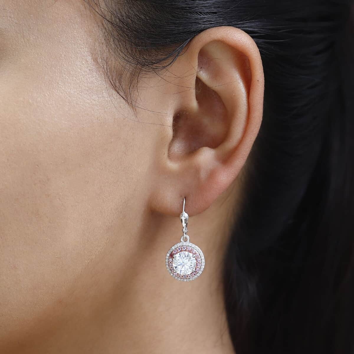 Moissanite and Madagascar Pink Sapphire Lever Back Earrings in Platinum Over Sterling Silver 4.40 ctw image number 2