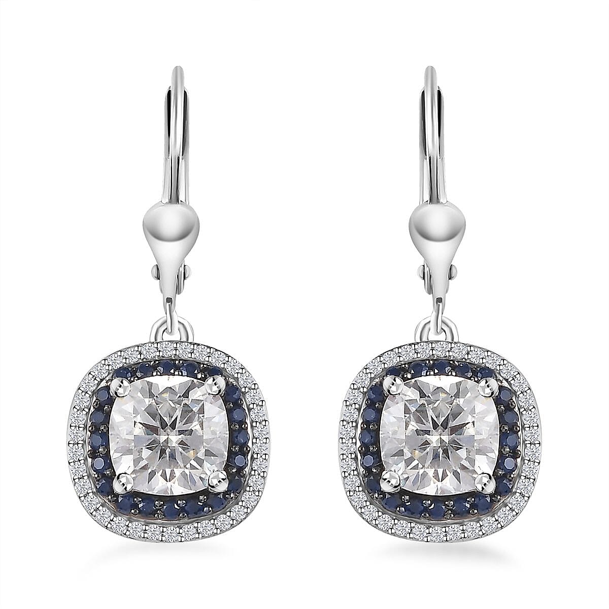 Moissanite and Kanchanaburi Blue Sapphire Lever Back Earrings in Platinum Over Sterling Silver 4.10 ctw image number 0