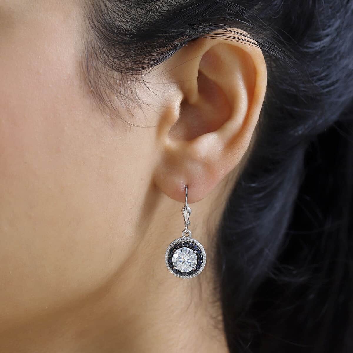 Moissanite and Kanchanaburi Blue Sapphire Lever Back Earrings in Platinum Over Sterling Silver 4.50 ctw image number 3