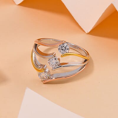 White Moissanite Ring in 14K Yellow, Rose Gold and Rhodium Over Sterling Silver (Size 7.0) 0.70 ctw