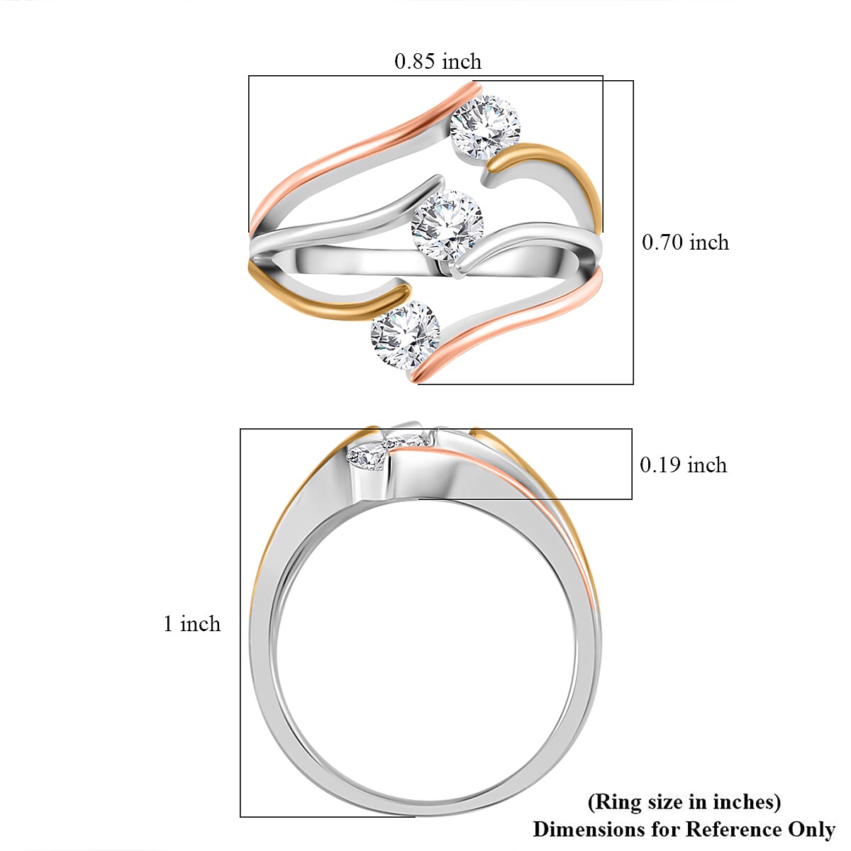 White Moissanite Ring in 14K Yellow, Rose Gold and Rhodium Over Sterling Silver (Size 7.0) 0.70 ctw