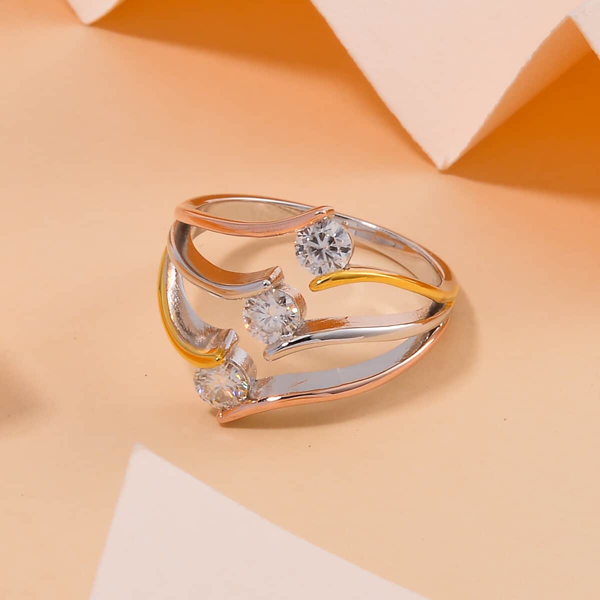 White Moissanite Ring in 14K Yellow, Rose Gold and Rhodium Over Sterling Silver (Size 8.0) 0.70 ctw image number 1