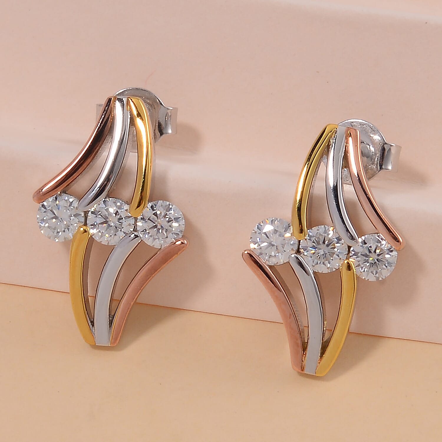 White Moissanite Earrings in 14K Yellow, Rose Gold and Rhodium Over Sterling Silver 0.90 ctw