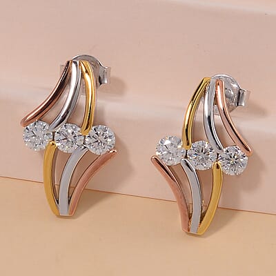 White Moissanite Earrings in 14K Yellow, Rose Gold and Rhodium Over Sterling Silver 0.90 ctw