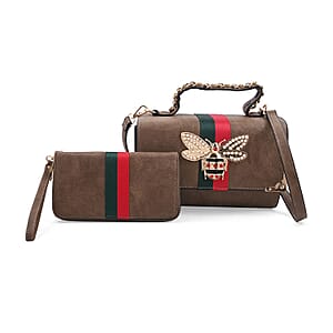 2pc Taupe Vegan Leather Shoulder Bag with Wallet