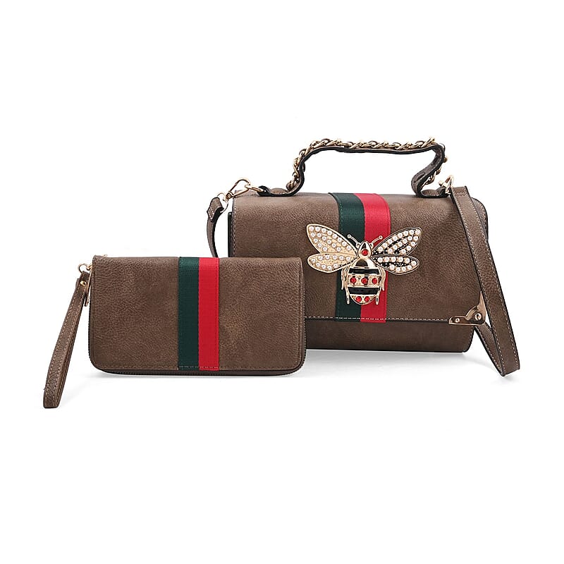 2pc Taupe Vegan Leather Shoulder Bag with Wallet