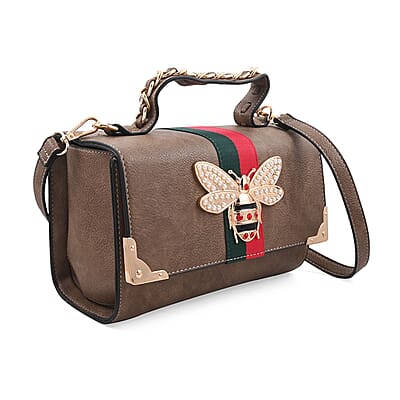 2pc Taupe Vegan Leather Shoulder Bag with Wallet