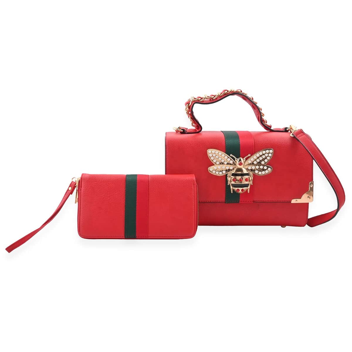 2pc Red Vegan Leather Shoulder Bag with Wallet image number 0